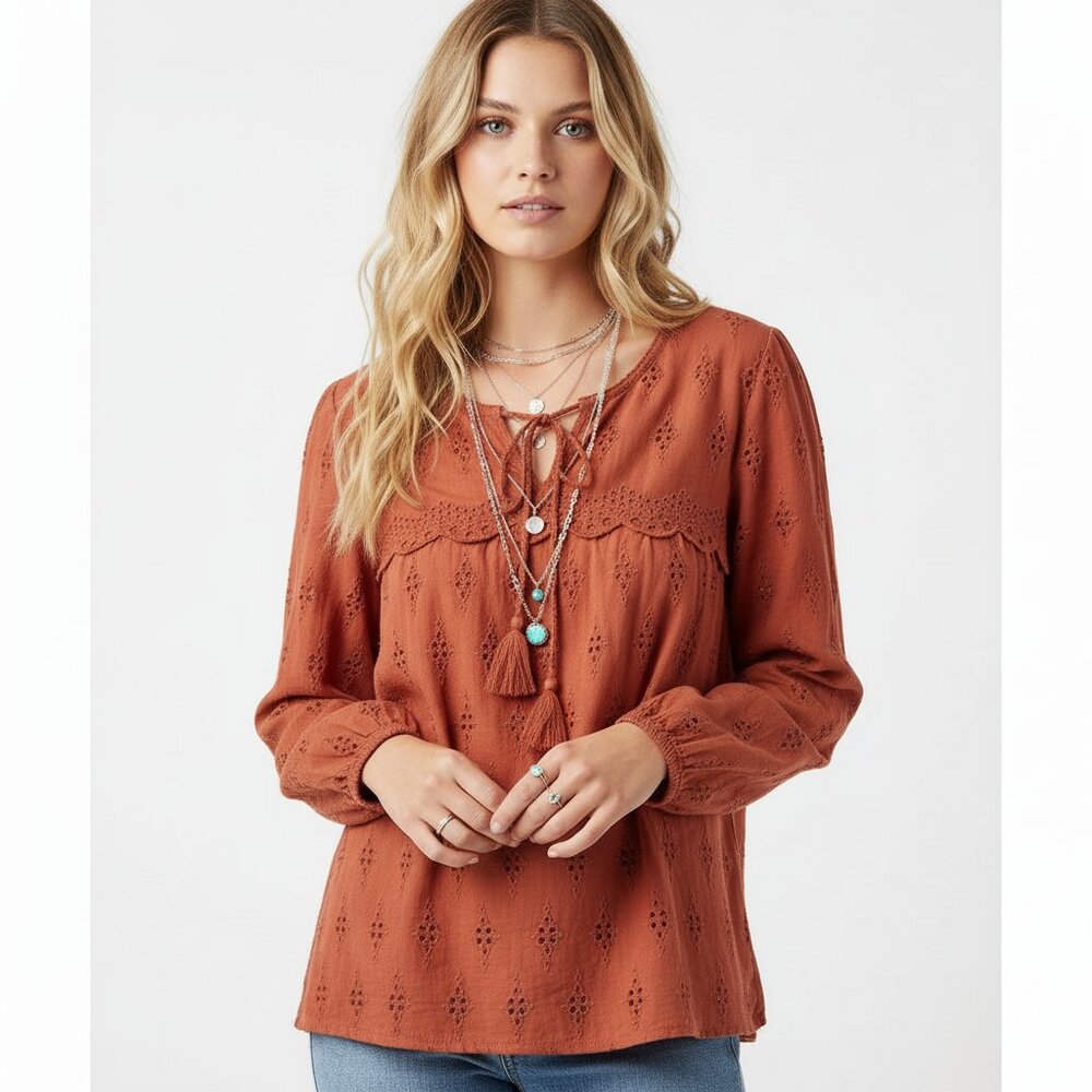 STYLE & CO Medium Orange Eyelet Peasant Top Tunic Boho 3/4 Sleeve Blouse